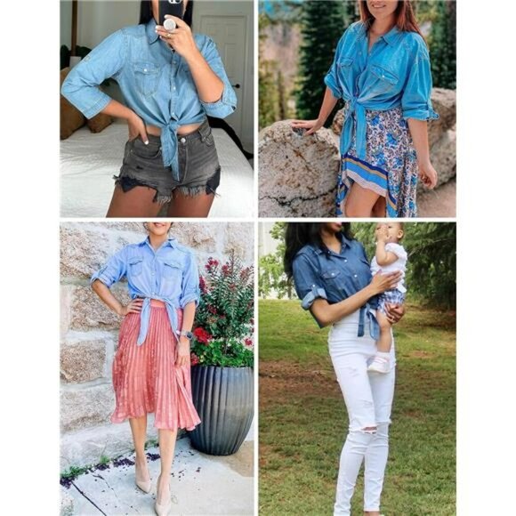 Womens Chambray Tie Front Crop Top Denim Shirt 34 Sleeve Button Down - Picture 4 of 7